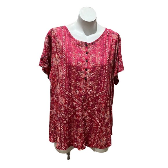 Lucky Brand Tunic Top Womens 3XL Red Paisley Boho Henley Short Sleeve - Picture 5 of 7